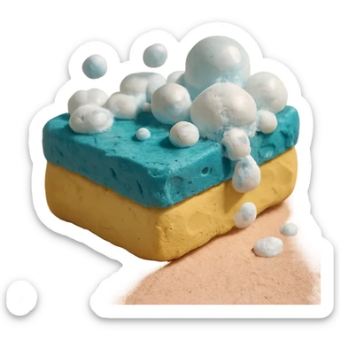 cleaning sponge with soap bubbles, pastel palette, visible clay texture in claymation style sticker