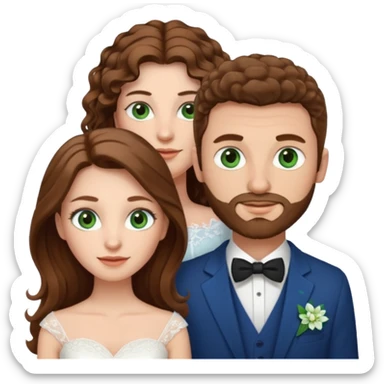wedding couple, woman has long straight brown hair and green eyes, man has short light brown curly hair and facial hair with blue eyes sticker