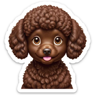 Cinematic Cute Chocolate Poodle Portrait Emoji, Head tilted playfully and inquisitively, showcasing a bouncy, curly chocolate Fur with a healthy sheen, round, sparkling brown eyes filled with curiosity, Simplified yet irresistibly adorable features, highly detailed, glowing with a warm, friendly glow, high shine, affectionate and lively, stylized with a touch of whimsy, bright and endearing, soft glowing outline, capturing the essence of a mischievous yet loving companion, so playful it feels like it could bounce out of the screen and into your arms! sticker