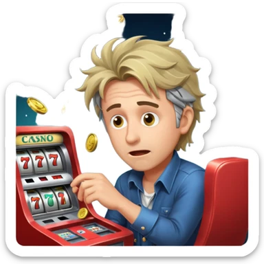 disheveled man losing money at a slot machine, panicked face, coins flying sticker