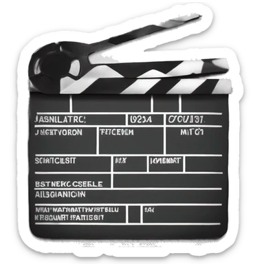 “Create an emoji of a traditional black film clapperboard, commonly used in movies to cut scenes. The clapperboard should feature a black and white striped top and a black base with white lines or text to resemble the classic design.” sticker
