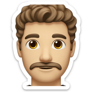 A young Caucasian man with dark brown eyes, almond-shaped eyes, short dark brown hair, and a small dark brown beard with a more prominent mustache. sticker