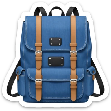 Minimalist emoji-style icon of a stylish blue denim backpack with a flap top, two vertical black buckle straps,and two zipper side pockets. Inspired by Tommy Jeans design. 

 sticker