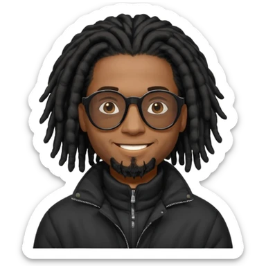 African American man brown skin complexion with black dreadlocks shoulder length wearing black bubble winter coat wearing black sunglasses sticker