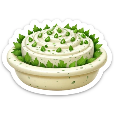 garlic and herb cream cheese thick dollop or swirl white speckled with green herbs and garlic bits smooth glossy visible flecks optional small ramekin no bread vegetables or garnish no faces clean 3D soft shadows transparent background emoji scale sticker