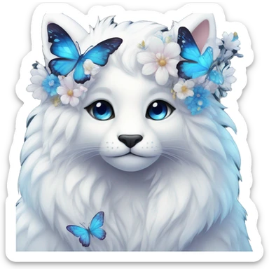 Anthro Edgy Cute Cool Kawaii gorgeous sparkly ethereal white fantasy animal creature with blue eyes furry sona with flowers and butterflies beautiful aesthetic sticker