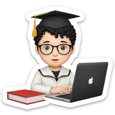 A baby boy DEVELOPER WITH A laptop, black curly hair and topknot, wearing glasses and a mortarboard sticker