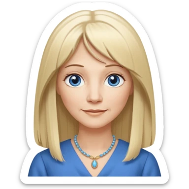 50 yr old white woman, hippie parted very long hair, short bangs, very long straight blond hair, oval face, small smile, blue eyes, thin face, hair downback, hair parted at center of head, round cheeks, pale, longer hair, business dress sticker