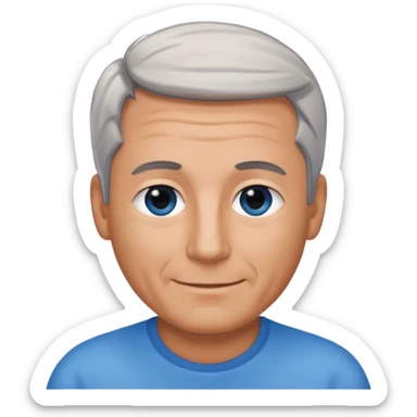 Middle aged man with tanned skin, receding black to grey hair and no beard, blue eyes, shy smile sticker