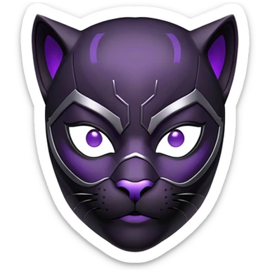 Black Panther superhero face only, black cat-like mask, subtle purple glow sticker