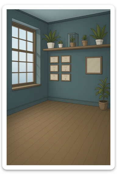 PRENDI SPUNTO DAI COLORI E DALLO STILE DELLA STANZA CON L'UOMO CON IL CAMICE E faMMI QUESTA STANZA VUOTA STILE MANGA/WEBTOON A COLORI SENZA LE PERSONE, SOLO LA STANZA. FALLA MOLTO PIù LUMINOSA, NON LUCI GIALLE sticker