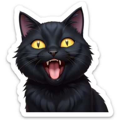 Cinematic Comical Black Cat Portrait Emoji, Head tilted dramatically while yawning exaggeratedly, sleek black fur with subtle hints of dark gray, Simplified yet hilariously adorable features, highly detailed, glowing with an almost sarcastic glow, high shine, a mix of lazy and curious, stylized with a touch of playful whimsy, bright and alert but with a comical expression, soft glowing outline, capturing the essence of a mischievous yet overly dramatic kitten, so funny it feels like it could leap off the screen and sassily demand attention! sticker