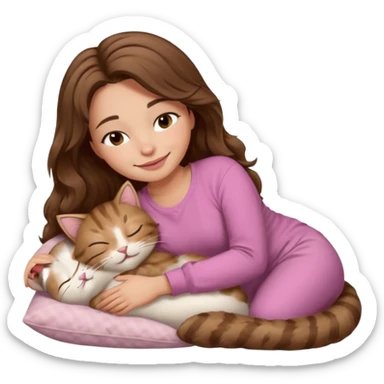 girl with wavy long brown hair, brown eyes, light to medium complexion, long lashes, light pink lipstick, smiling, wearing light pink shirt, sleeping on a cozy pillow, with brown tabby cat  sticker