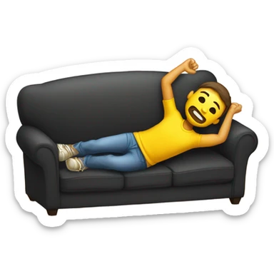 A person lying on a sofa, one leg crossed over the other, with hands behind the head, relaxing in a cozy setting, yellow emoji color skin, black t-shirt sticker