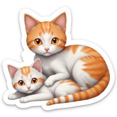 full body of very small + skinny ginger and white kitten with deep orange eyes and triangular shaped face lying down cuddling a grey and white kitten who is a bit bigger than him sticker