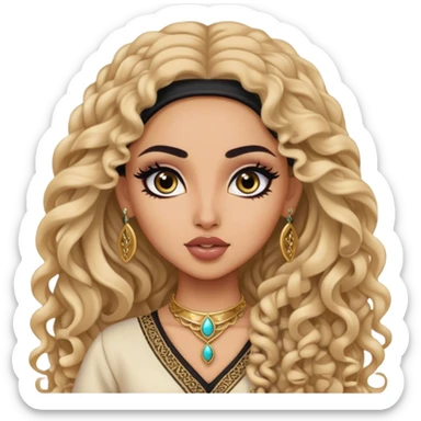 arabian nose, pretty lips, arab clothes, light skin,  long curly hair, pretty bratz baddie, black eyeliner sticker