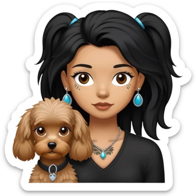 girl with long black  straight hair and tattoos and a  white Yorkshire and a brown poodle sticker