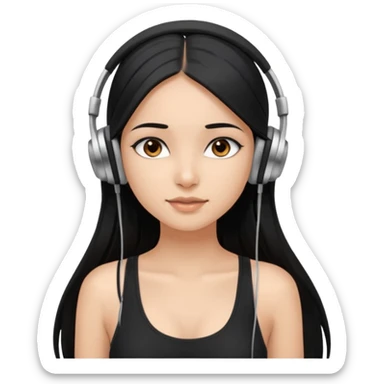 a fair indian girl with straight black long hair, wearing a black cami top. and wearing silver  headphones on sticker