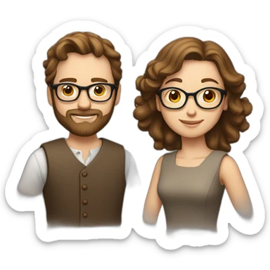 A settled man with brown hair and glasses and a beard and a straight haired Sibyl in a classic dress sticker
