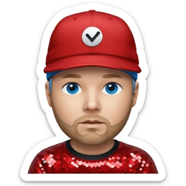 Fred Durst with blue eyes, dark blonde hair, red sequin shirt and cap sticker