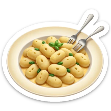 Gnocchi Cinematic Realistic Gnocchi Dish Emoji, depicted as tender oblong potato gnocchi garnished with iconic fork marks on top, rendered with soft textures and warm, inviting lighting. sticker