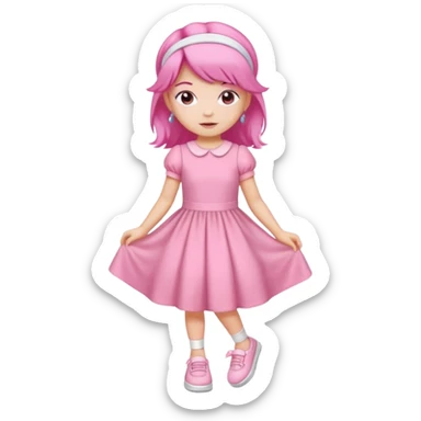 A girl wear a a pink pink dress and pink wacth and a pink hairband and a white shoes sticker