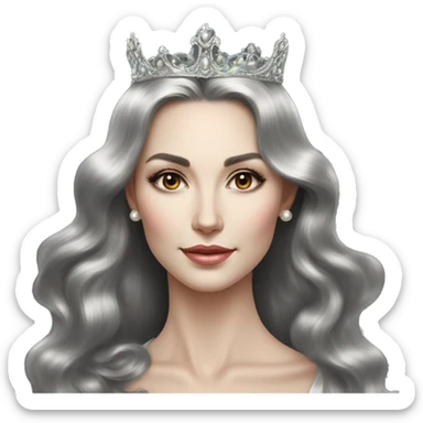 Regal pretty slender middle age woman photograph defined cheekbones high cheekbones crown vintage with very long iridescent black and silver hair wavy long hair pearl crown iridescent sticker