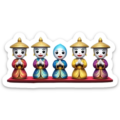 Cinematic Realistic Water Puppetry Emoji, depicted as a whimsical scene of traditional water puppets performing on a reflective water stage, rendered with vivid textures and dynamic playful lighting that captures its enchanting charm. sticker