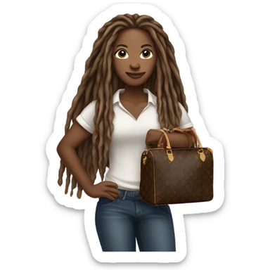Light brown African American woman with long dreadlocks holding Louis Vuitton bag sticker