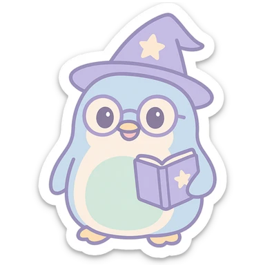 chubby penguin with a wizard hat glasses and a spellbook looking wise and magical sticker