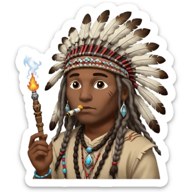 Black American man dark brown with dreads with a American Indian headdress with a peace pipe blowing smoke  sticker