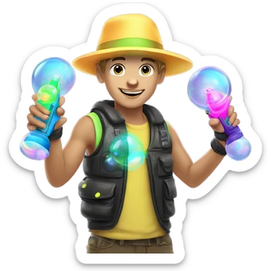 Caucasian boy at rave wearing a glowing outfit and hat with bubble guns in each hand with bubbles all around sticker