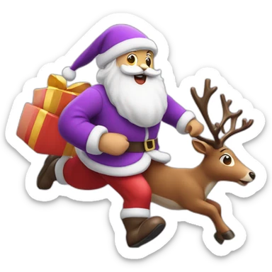 Santa Claus dressed in purple running with the reindeer to deliver the presents sticker