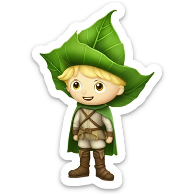 whimsical fairytale medieval pale boy who is tiny and wearing a giant leaf hat and big boots sticker
