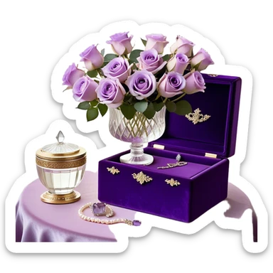 A romantic still life featuring a bouquet of freshly bloomed light violet Ascott tea roses arranged in a crystal vase, accompanied by a deep purple velvet jewelry box partially opened, revealing a pearl necklace inside. A gentle lavender butterfly flutters near the flowers, adding a dreamy touch. An elegant ivory silk ribbon is loosely draped around the arrangement, leading towards an ornate vintage-style perfume flacon in soft pearlescent tones, radiating an air of timeless sophistication sticker