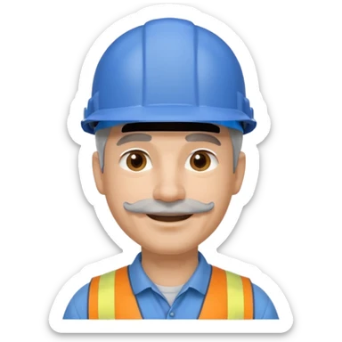 A man emoji with light skin, wearing a blue construction helmet, short gray hair on the sides, straight eyebrows, brown eyes, a small nose, and a thin short straight gray mustache above his smiling mouth. sticker