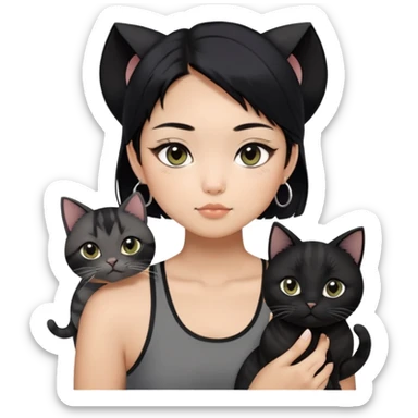 Asian girl, black hair with grey highlights , slightly longer than shoulder.  Holding two BLACK cats. one cat has a round fat face, the other one has a slightly slimmer face. The girl also wearing a black singlet, a black chocked, silver round hook earring, and wearing eyeliner.  sticker