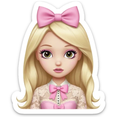 pretty, blonse long hair, pale skin, eyeliner, pink bow, lace clothes, bratz baddie sticker