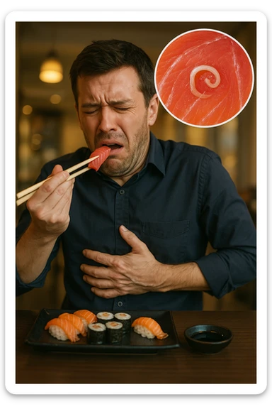 a man sits at a restaurant table, eating a plate of raw fish (such as sushi or sashimi). In a magnified inset, an Anisakis larva is visible inside a piece of fish. The man’s expression changes from enjoyment to sudden discomfort, holding his stomach with a pained look. The background is softly blurred, focusing on the man and the food. in italiano sticker