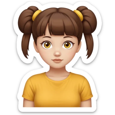 beautiful girl with brown hair with up twin buns style only, straight bangs, yellow eyes, milk brown tshirt, white skin, her body is a little fat  sticker