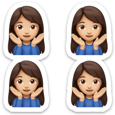 Create 4 cute emoji-style illustrations of a Filipina girl, chibi cartoon style, round face, warm brown skin, long dark hair.
Emoji 1: smiling sweetly with soft eyes.
Emoji 2: blushing shyly, hands near face, kilig expression.
Emoji 3: playful wink with a small heart.
Emoji 4: blowing a kiss. sticker