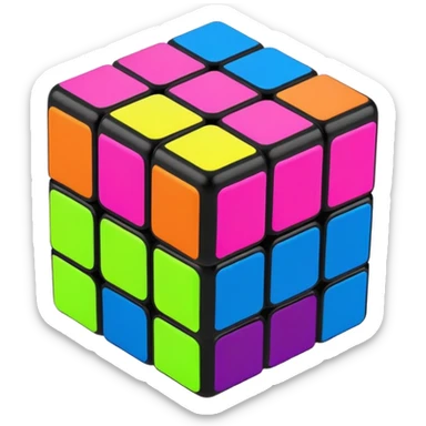 A 3x3 Rubik's Cube with neon bright colors: electric blue, hot pink, neon green, neon yellow, neon orange, bright purple, minimalist iOS emoji style sticker