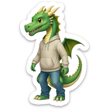 friendly anthropomorphised green dragon in a hoodie and jeans walking upright sticker