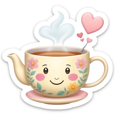Cute Kawaii Tea Cup, steaming with warmth, a charming smiling face, soft pastel tones, delicate floral patterns, a tiny heart-shaped tea bag tag, cozy and inviting! sticker