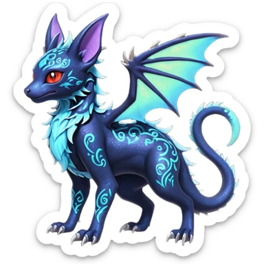 Shiny Fiery Dark Ugly Evil Realistic Glowing Eldritch Horror Cool Edgy Badass Emo Glorious Demonic Batty Dusky Ethereal Sparkly Shimmering Magical Punky Aural Iridescent Fluorescent Bioluminescent Litten-Amaura-Salandit-Noibat-Flareon-Fakémon-fusion (full body) with intricate pattern markings sticker