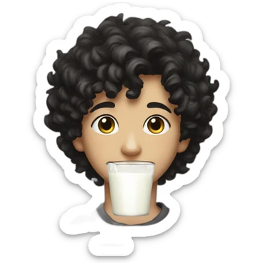 A side-portrait from the shoulders up of a pasty white teenage boy with dark black curly hair and a distinct noseholding a chalice of milk sticker
