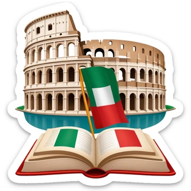 An icon featuring the Colosseum and the flag of Italy, symbolizing the Italian language. The design includes an open book with Italian phrases and a gondola, representing language learning and cultural exploration. Transparent background sticker