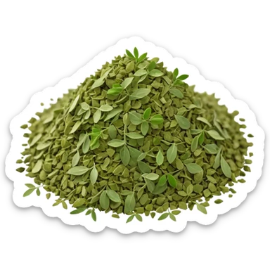 pile of dried oregano, soft green and olive, crumbly and irregular, finely broken leaves, dry matte look, 3D clean style, no faces or extra elements, transparent background sticker