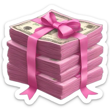 a stack of pink money bills tied with a ribbon sticker