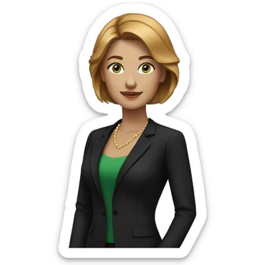 executive woman, straight golden brown hair, green eyes, black dress sticker